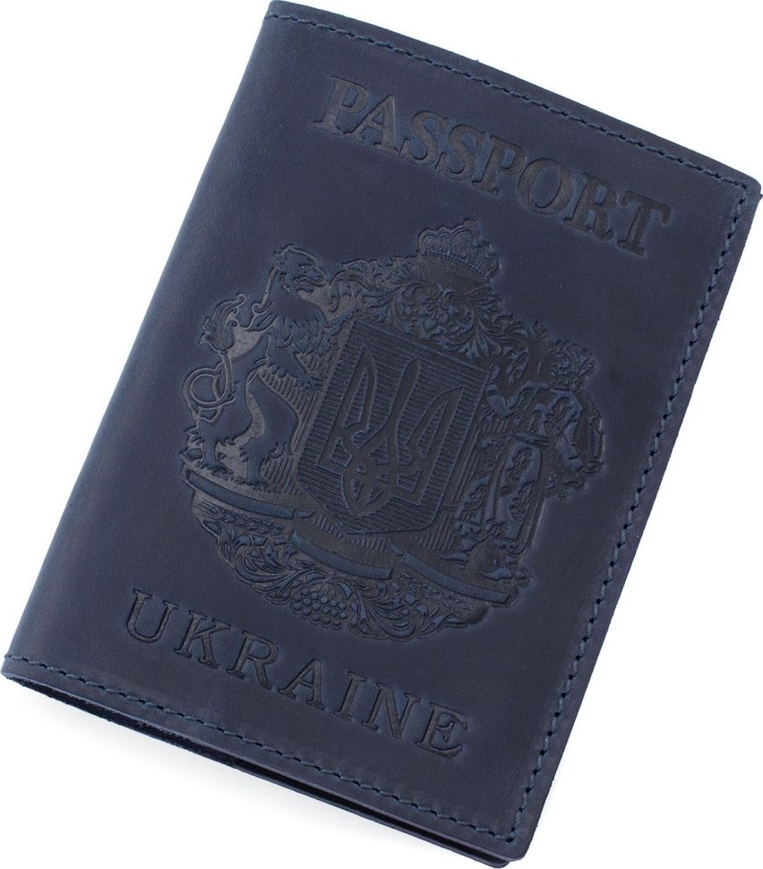 Синяя обложка для паспорта из винтажной кожи с рисунком герба Украины - BlankNote (50249)