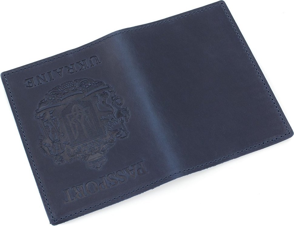 Синяя обложка для паспорта из винтажной кожи с рисунком герба Украины - BlankNote (50249)