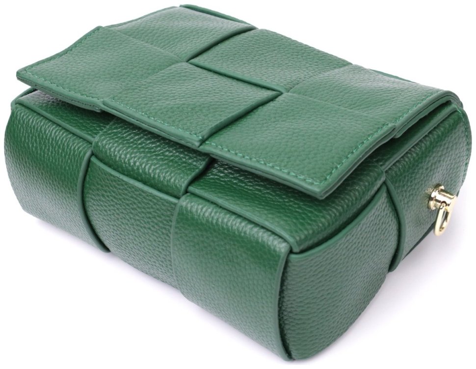 Компактна жіноча сумка натуральної плетеної шкіри зеленого кольору Vintage 2422312