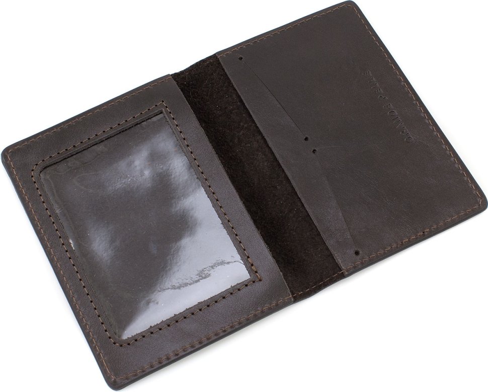 Шкіряна обкладинка для військового квитка у темно-коричневому кольорі з написом Слава ЗСУ - Grande Pelle (13136)