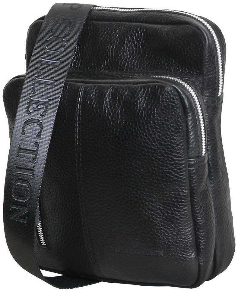 Чоловіча сумка-слінг чорного кольору з натуральної фактурної шкіри Vip Collection 102649 фото №2 Чоловіча сумка-слінг чорного кольору з натуральної фактурної шкіри Vip Collection 102649 modnotak фото №2