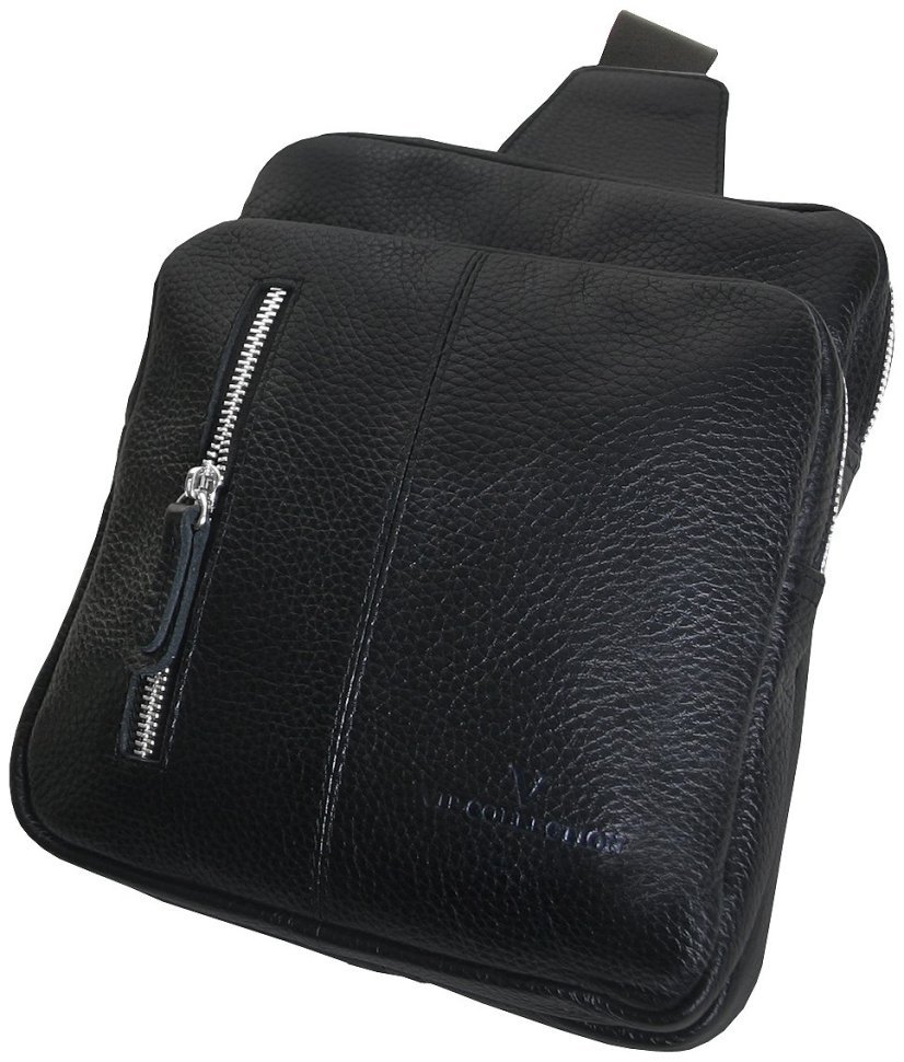 Чоловіча сумка-слінг чорного кольору з натуральної фактурної шкіри Vip Collection 102649 фото №3 Чоловіча сумка-слінг чорного кольору з натуральної фактурної шкіри Vip Collection 102649 modnotak фото №3
