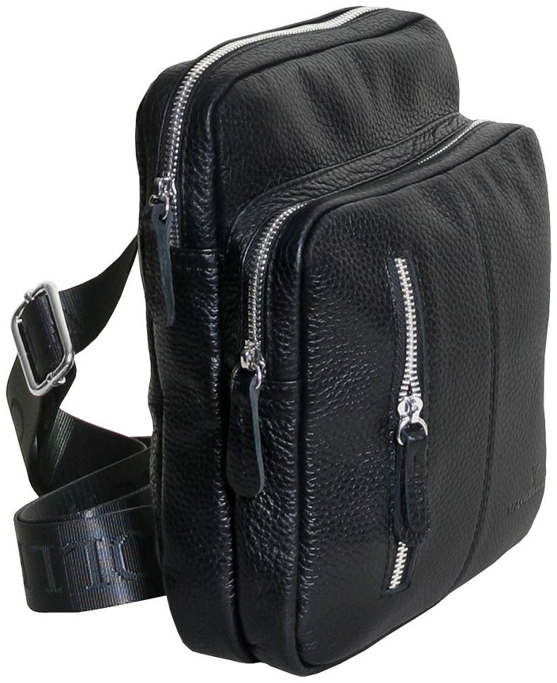 Чоловіча сумка-слінг чорного кольору з натуральної фактурної шкіри Vip Collection 102649 фото №4 Чоловіча сумка-слінг чорного кольору з натуральної фактурної шкіри Vip Collection 102649 modnotak фото №4