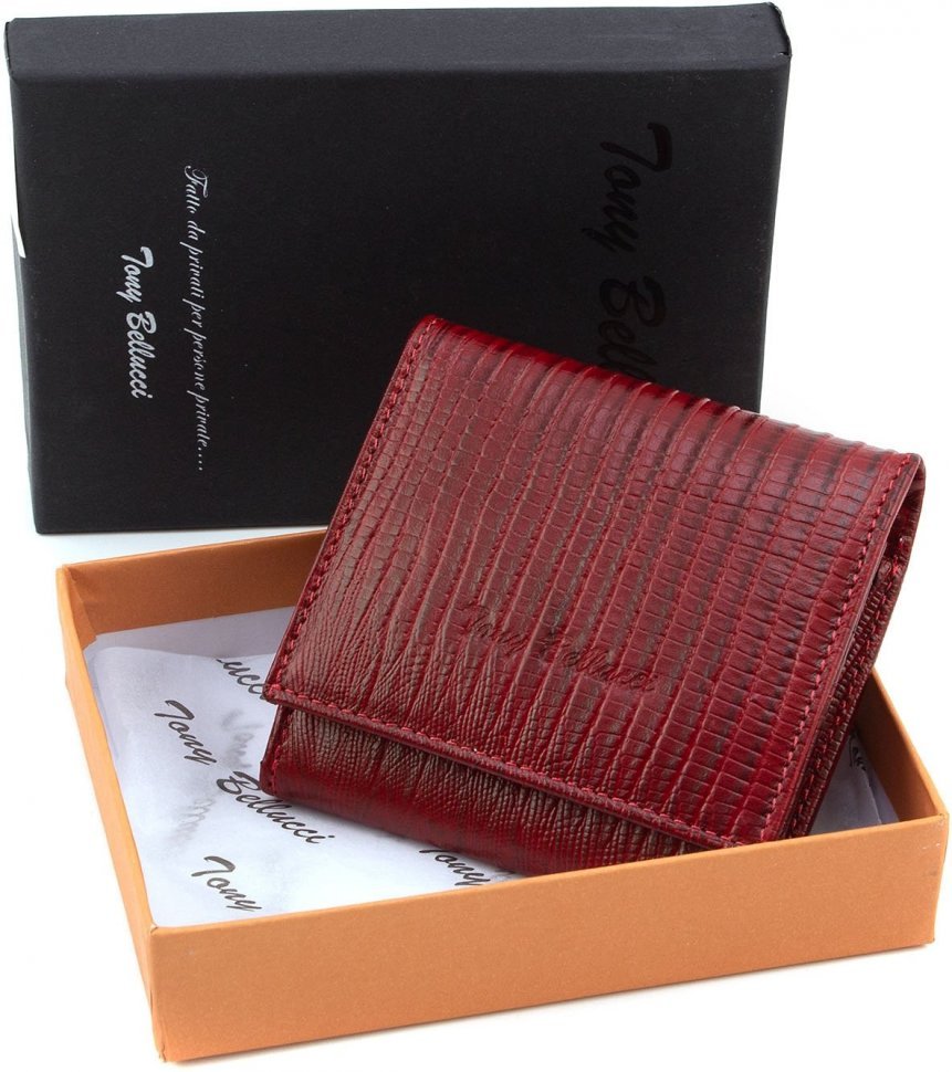 Гарний гаманець червоного кольору з натуральної шкіри під рептилію Tony Bellucci (10785)
