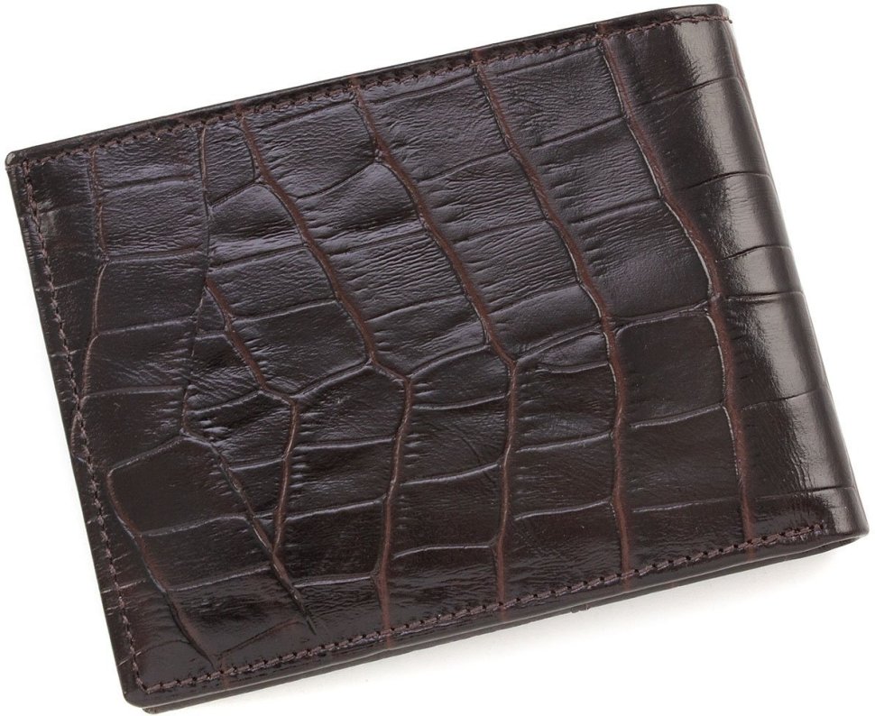 Глянсове портмоне з натуральної шкіри темно-коричневого кольору з тисненням KARYA (0967-57)