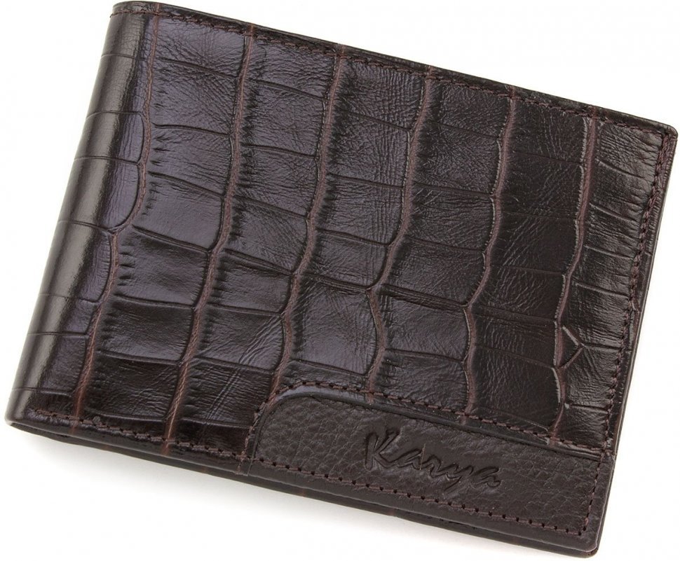 Глянсове портмоне з натуральної шкіри темно-коричневого кольору з тисненням KARYA (0967-57)