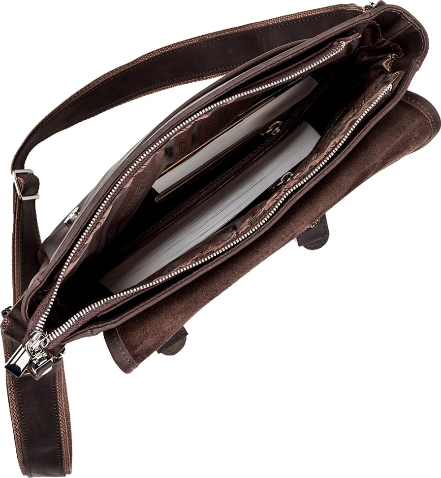 Мужская кожаная сумка на плечо коричневого цвета в сдержанном стиле SHVIGEL (11129)