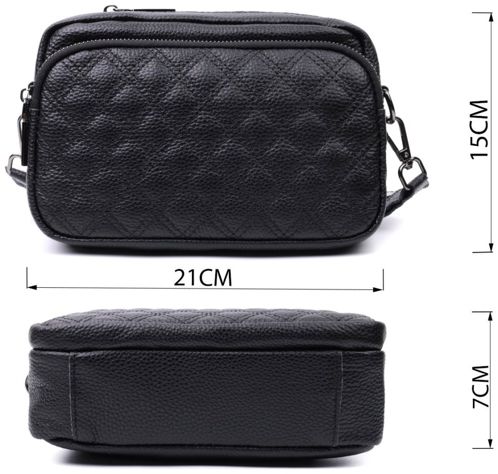 Компактная женская сумка кросс-боди из натуральной кожи с ромбовидным тиснением Vintage 94849 черного цвета modnotak фото №3