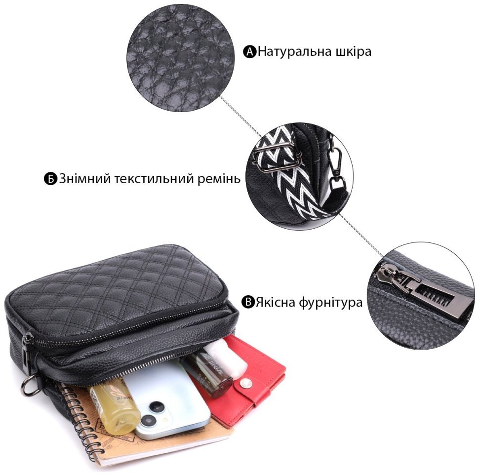 Компактная женская сумка кросс-боди из натуральной кожи с ромбовидным тиснением Vintage 94849 черного цвета modnotak фото №4