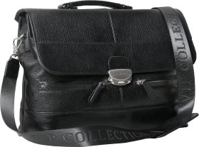 Чорний діловий чоловічий портфель зі шкіри флотар із клапаном на замку Vip Collection (21116)