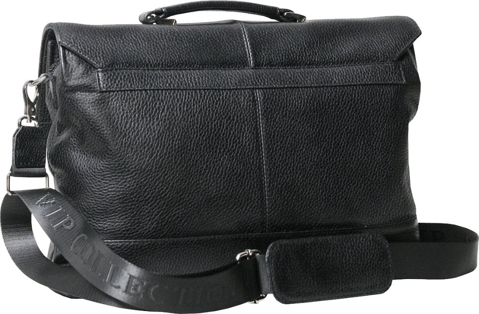Черный деловой мужской портфель из кожи флотар с клапаном на замке Vip Collection (21116)