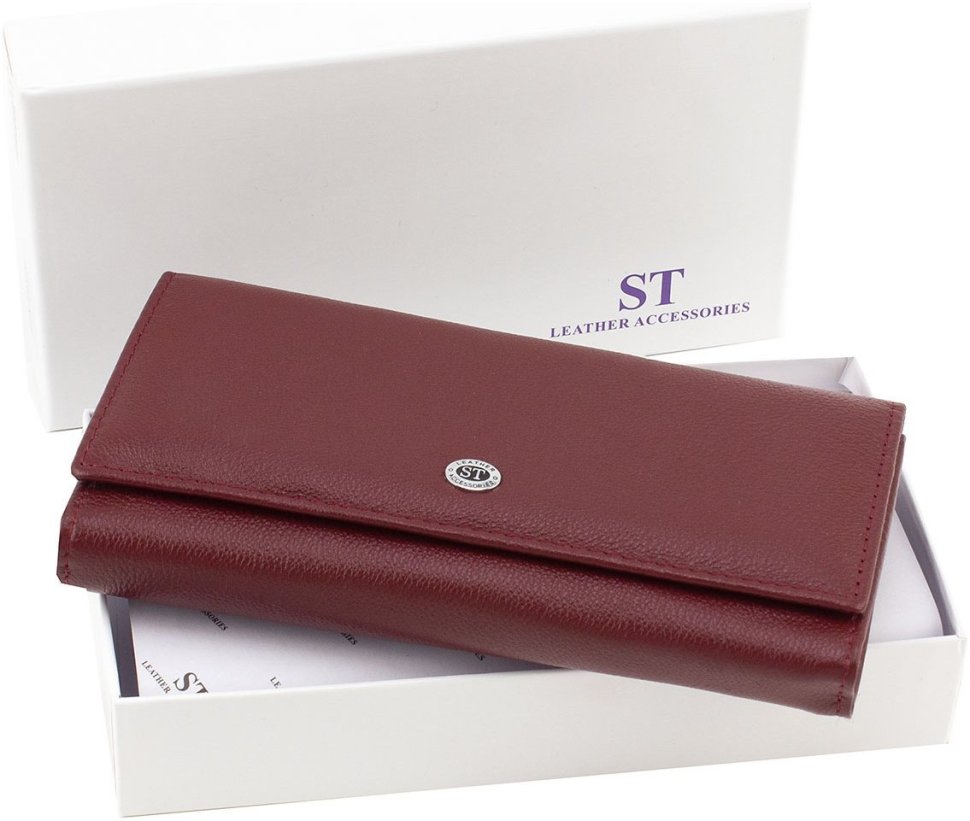 Шкіряний жіночий бордовий гаманець з блоком під карти ST Leather 1767449