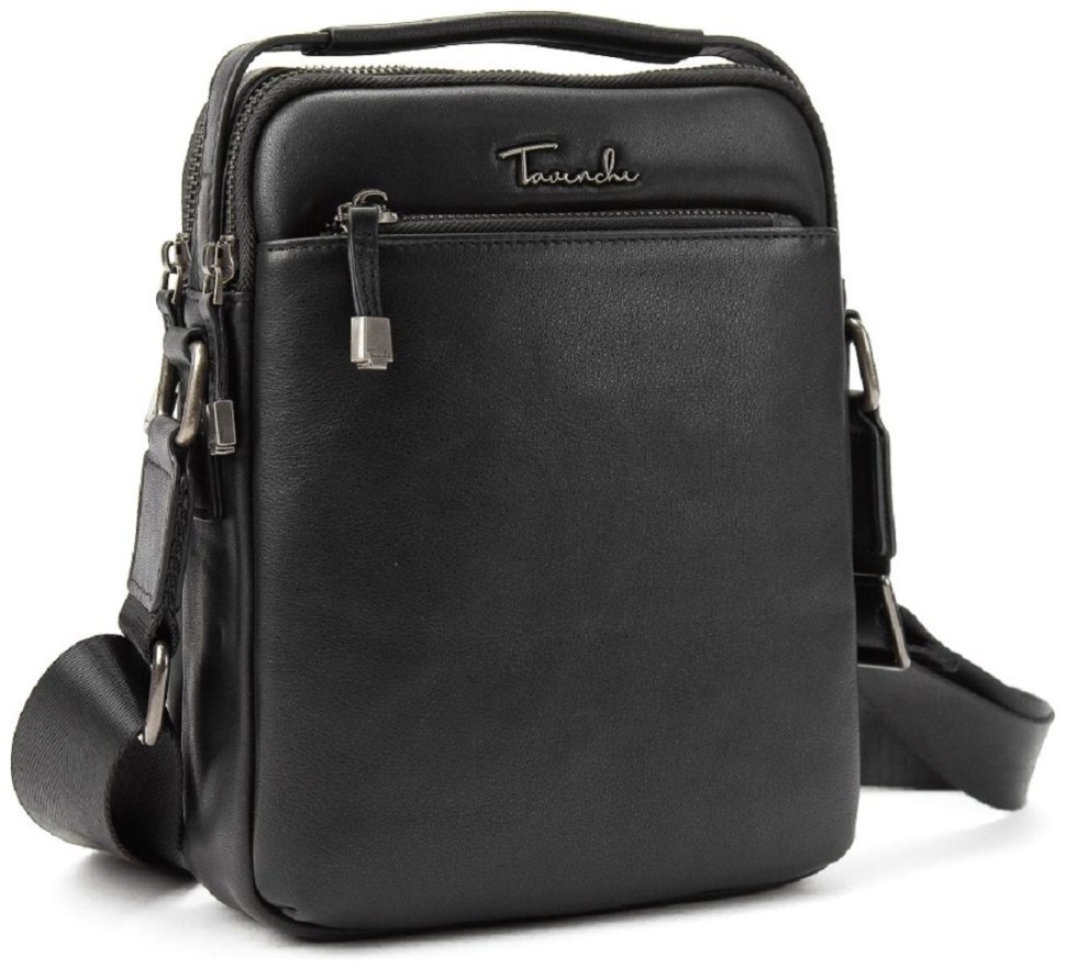Невелика чоловіча сумка-барсетка із натуральної шкіри чорного кольору з ручкою Tavinchi 77549