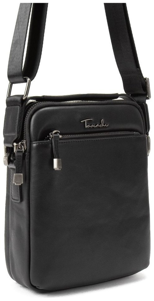 Невелика чоловіча сумка-барсетка із натуральної шкіри чорного кольору з ручкою Tavinchi 77549