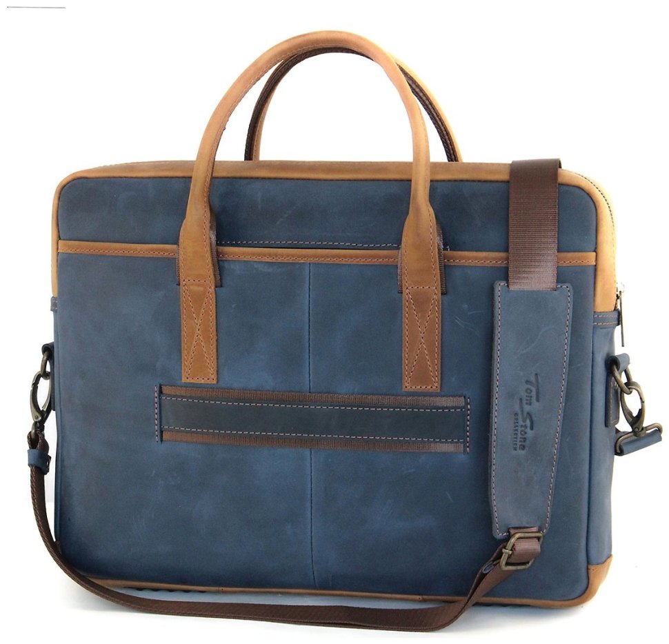 Чоловіча сумка з вінтажної шкіри синього кольору для ноутбука та документів Tom Stone 77749