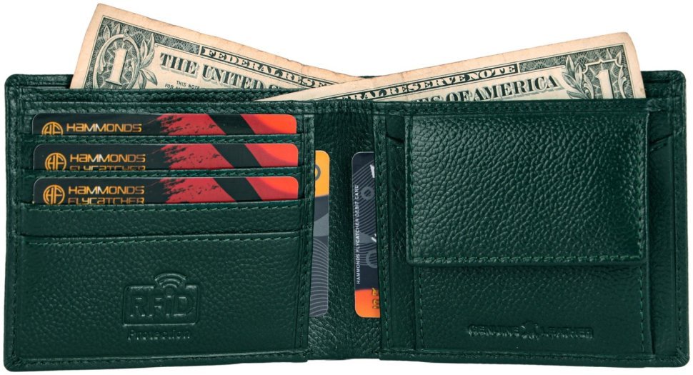 Мужское портмоне из фактурной кожи зеленого цвета без застежки Hammonds Flycatcher HF594 с монетницей 108049 modnotak фото №2