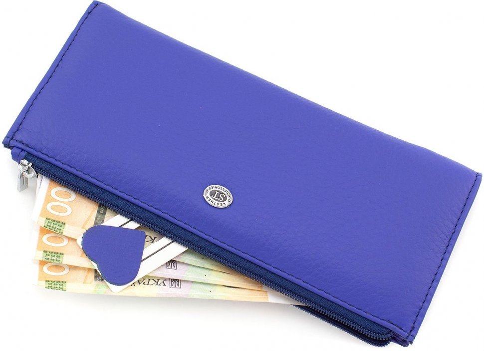 Яскравий жіночий гаманець синього кольору з натуральної шкіри на блискавичної застібці ST Leather (15379)