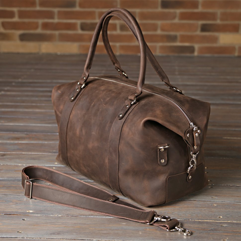 Велика дорожня сумка коричневого кольору з вінтажної шкіри на блискавці SHVIGEL (11019)