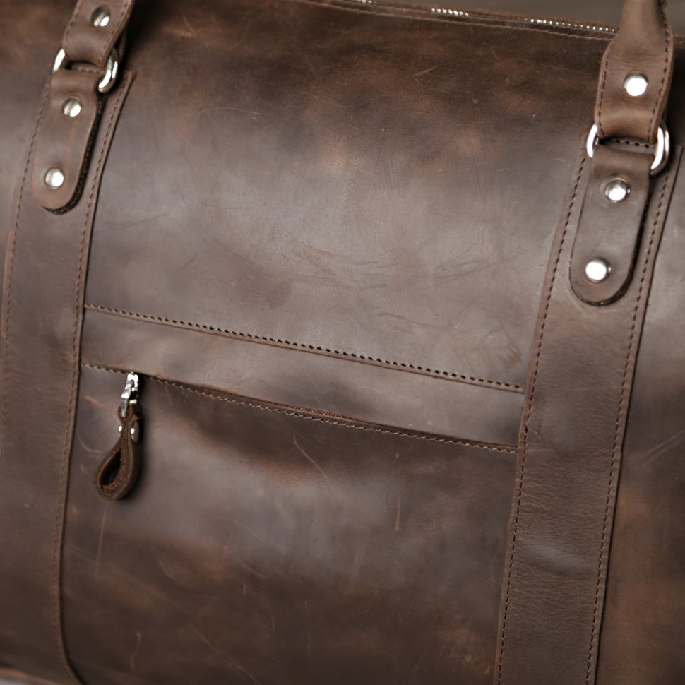 Велика дорожня сумка коричневого кольору з вінтажної шкіри на блискавці SHVIGEL (11019)