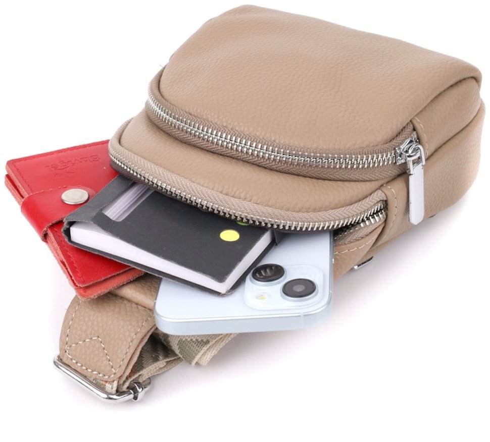 Женская слинг сумка из фактурной кожи с текстильным ремешком Vintage 103150 бежевая modnotak фото №7