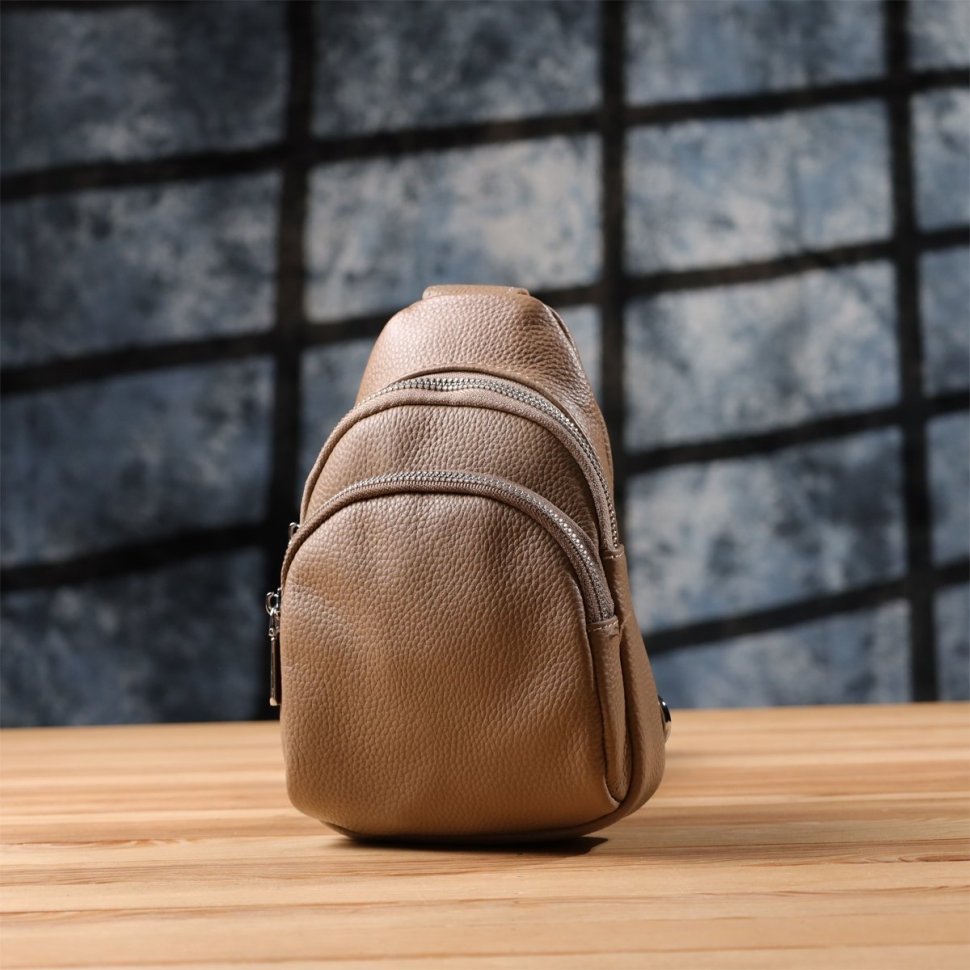 Женская слинг сумка из фактурной кожи с текстильным ремешком Vintage 103150 бежевая modnotak фото №8