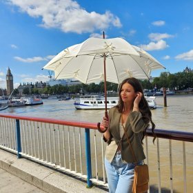 Женский зонт-трость Fulton L908-039595 Kensington UV Star Cream (Однотонный бежевый с бантиками, механика, защита от UV) 94150