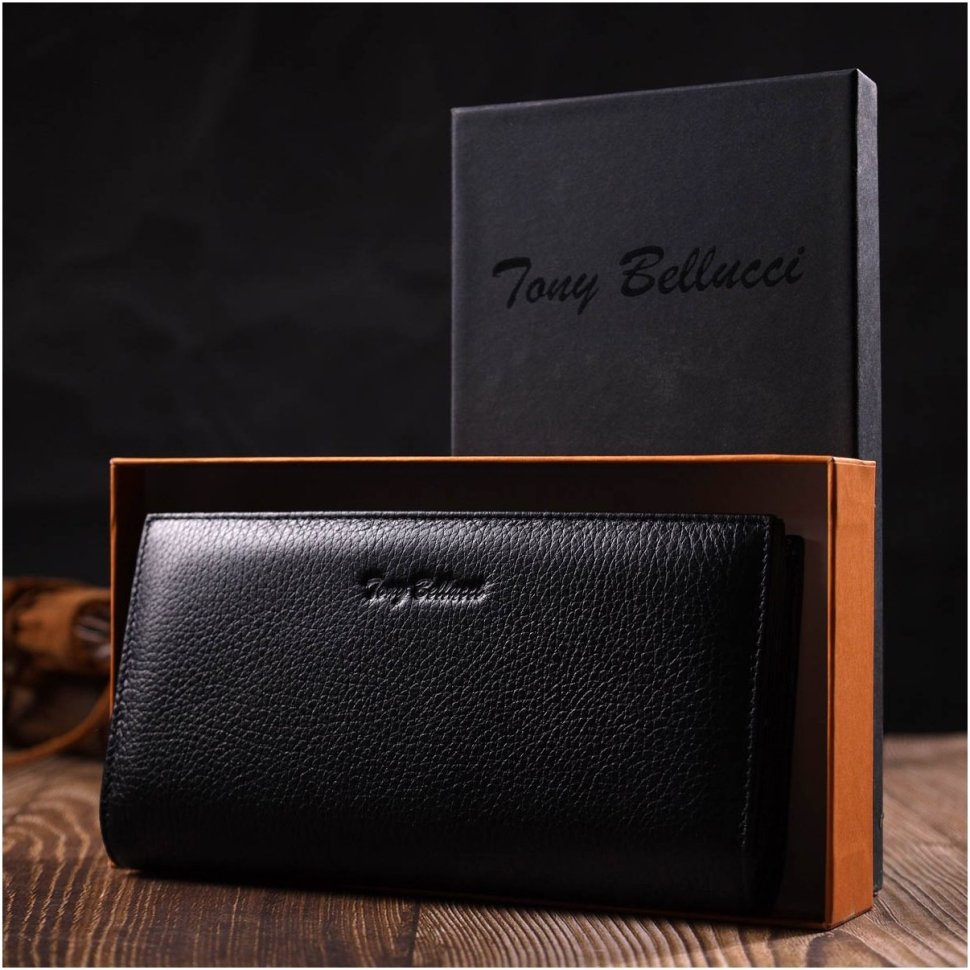 Практичний жіночий гаманець-клатч із натуральної шкіри чорного кольору з блоком для кредитних карток Tony Bellucci (2422033)
