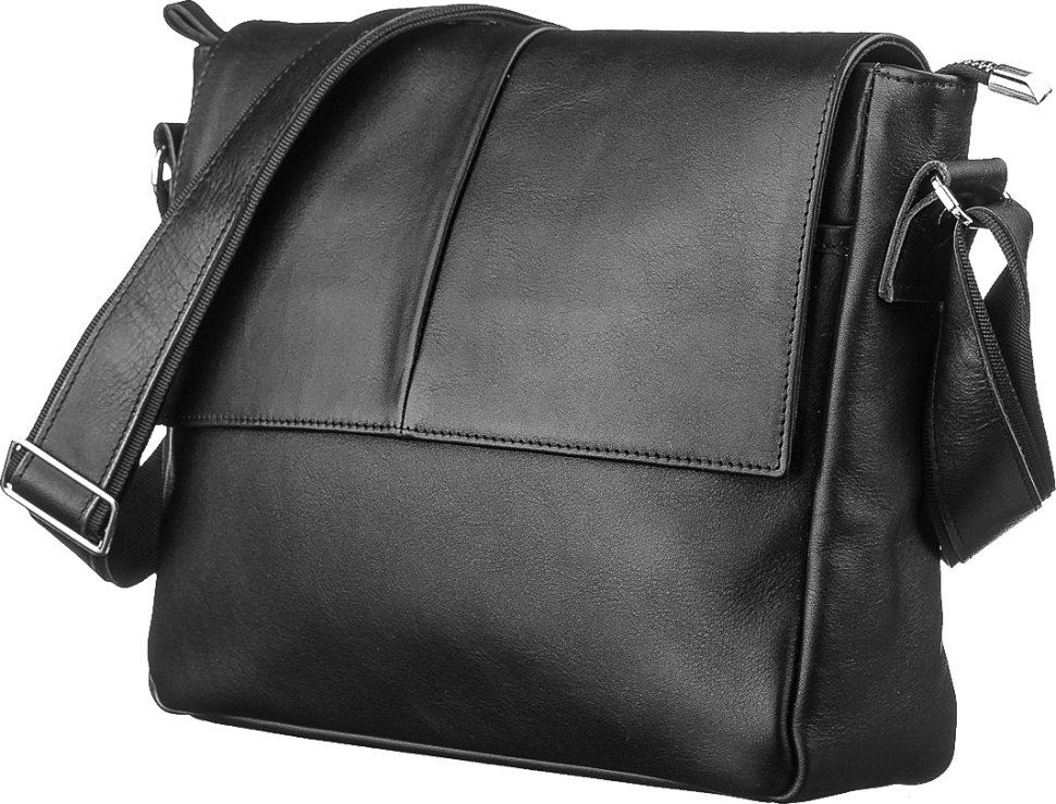 Практична сумка-месенджер із чорної шкіри з гладкою поверхнею SHVIGEL (11130)