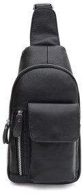 Удобная мужская слинг-сумка на каждый день из натуральной фактурной кожи черного цвета Keizer 96050