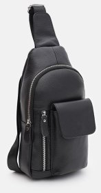Удобная мужская слинг-сумка на каждый день из натуральной фактурной кожи черного цвета Keizer 96050
