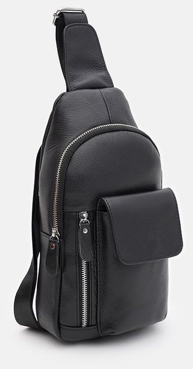 Удобная мужская слинг-сумка на каждый день из натуральной фактурной кожи черного цвета Keizer 96050 modnotak фото №2