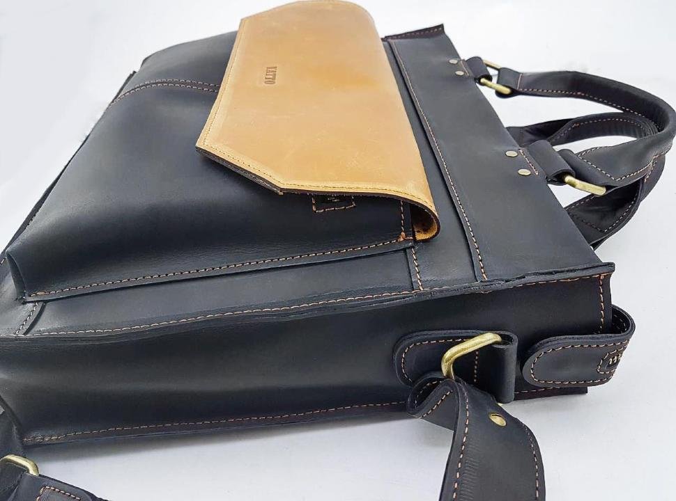 Стильная мужская сумка портфель из кожи Крейзи черная с желтым VATTO (11692)