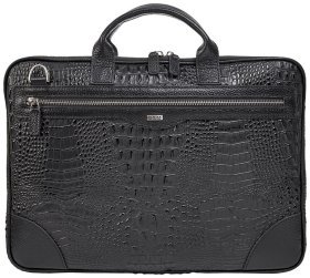 Діловий чоловічий портфель зі шкіри під фактуру крокодила для документів та ноутбука Desisan 106750 чорного кольору через плече