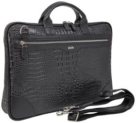 Діловий чоловічий портфель зі шкіри під фактуру крокодила для документів та ноутбука Desisan 106750 чорного кольору через плече