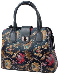 Женская каркасная сумка из натуральной кожи и ручкой для носки с принтом цветов Desisan 107050 синего цвета