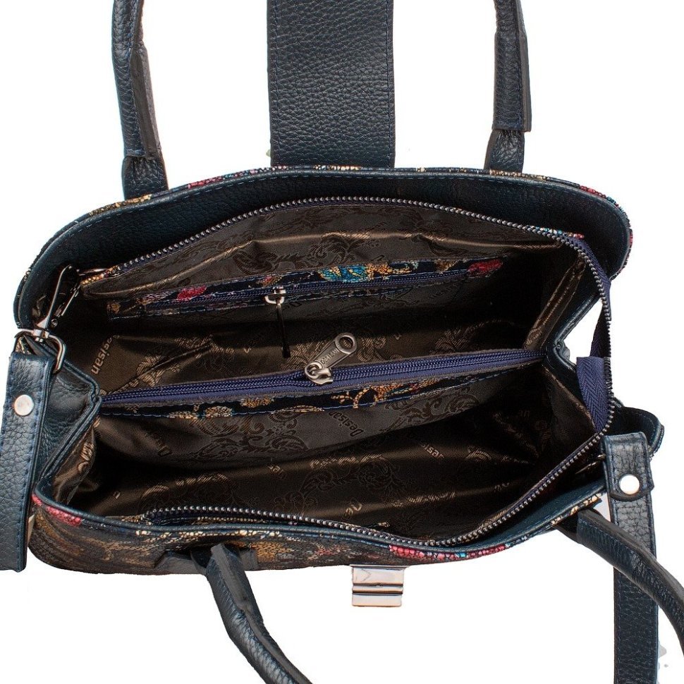 Женская каркасная сумка из натуральной кожи и ручкой для носки с принтом цветов Desisan 107050 синего цвета modnotak фото №2