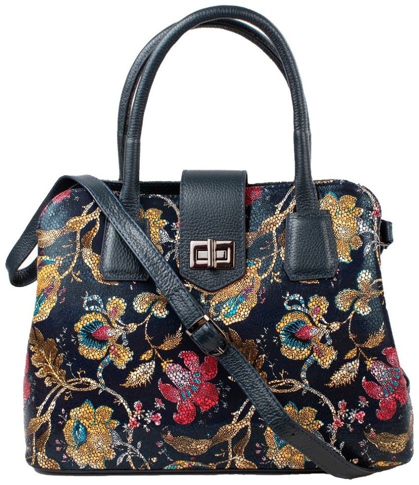 Женская каркасная сумка из натуральной кожи и ручкой для носки с принтом цветов Desisan 107050 синего цвета modnotak фото №4