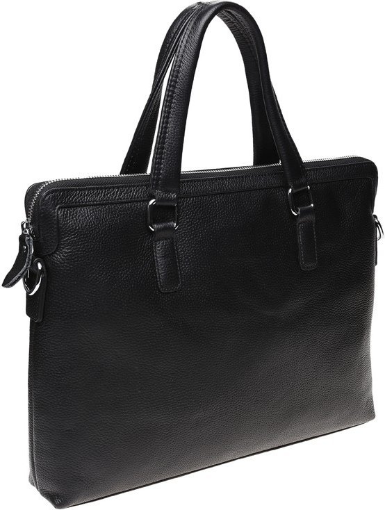 Мужская кожаная сумка под ноутбук классического дизайна в черном цвете Keizer (21406)