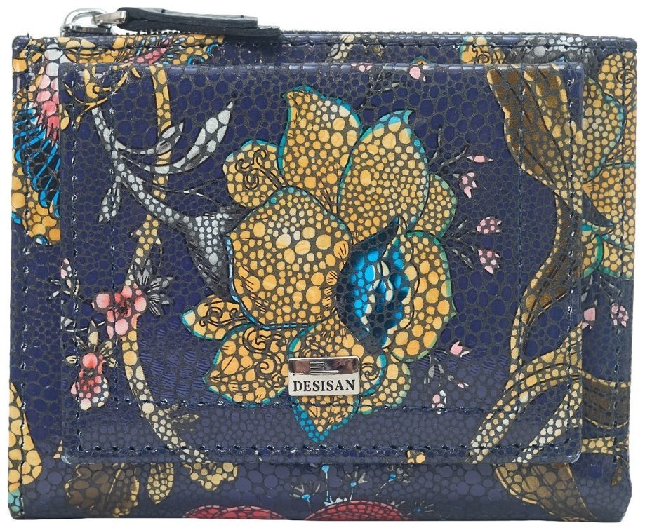 Небольшой женский кошелек из натуральной кожи на кнопке с узором цветов Desisan 107550 синего цвета modnotak фото №1
