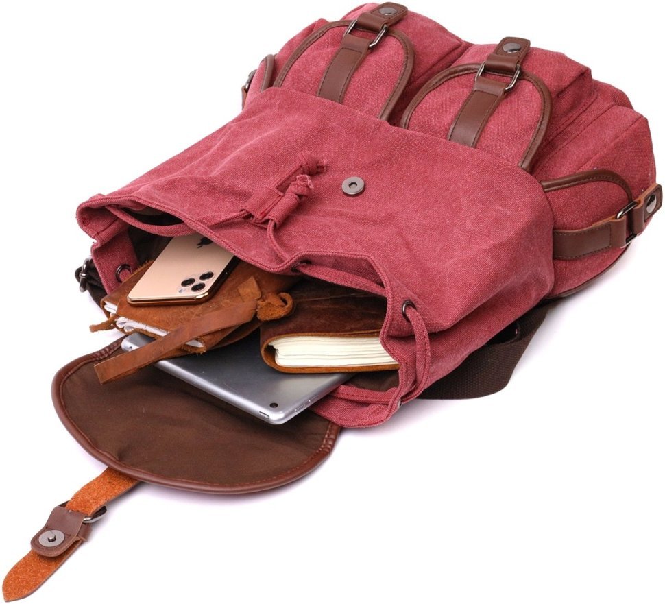 Женский текстильный рюкзак бордового цвета с клапаном на магните Vintage 2422153