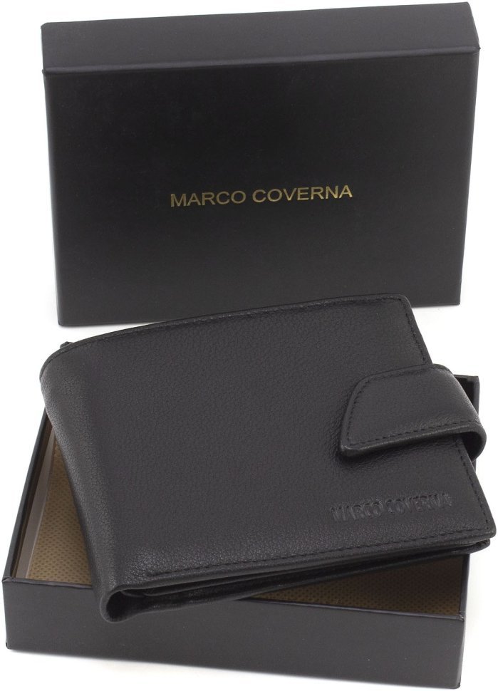 Небольшой мужской классический кошелек из натуральной кожи черного цвета Marco Coverna 68650