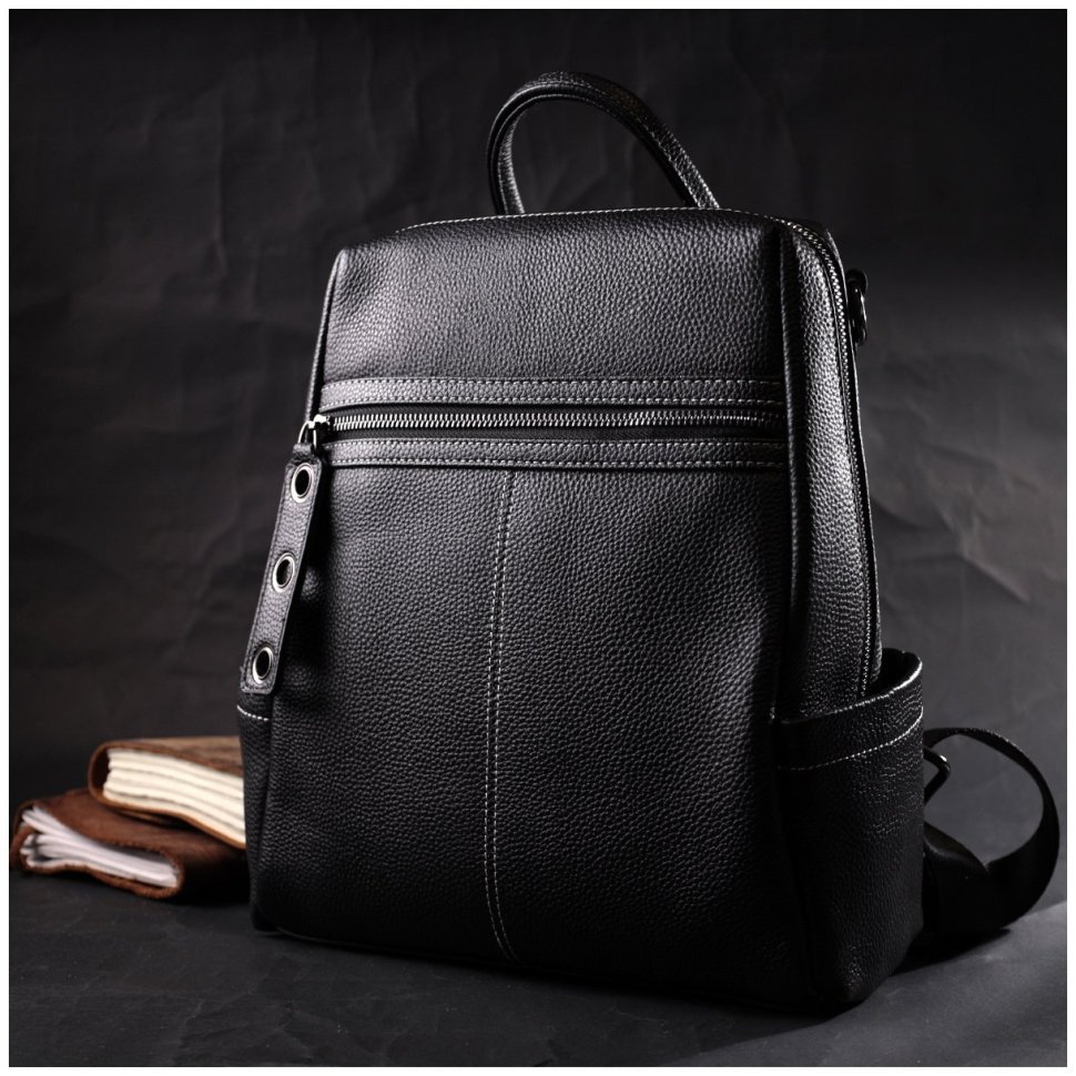 Чорний жіночий рюкзак-сумка з натуральної шкіри з білим рядком Vintage 2422314
