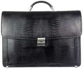 Місткий чоловічий портфель із натуральної шкіри під рептилію в чорному кольорі Desisan 80851