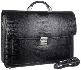 Місткий чоловічий портфель із натуральної шкіри під рептилію в чорному кольорі Desisan 80851