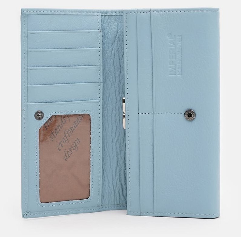 Довгий жіночий шкіряний гаманець блакитного кольору на кнопці Horse Imperial 72051
