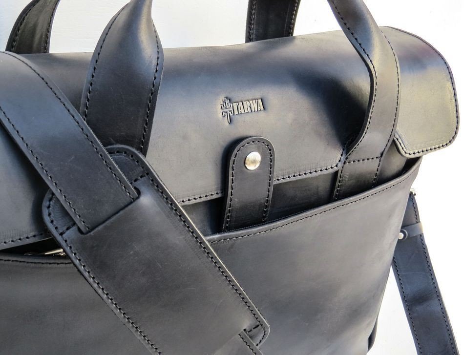 Чоловіча сумка-портфель чорного кольору з натуральної шкіри із двома ручками TARWA (19913)