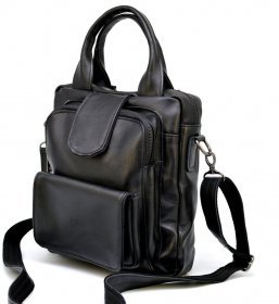 Кожаная мужская сумка-трансформер черного цвета с ручками и плечевым ремнем TARWA (19680)