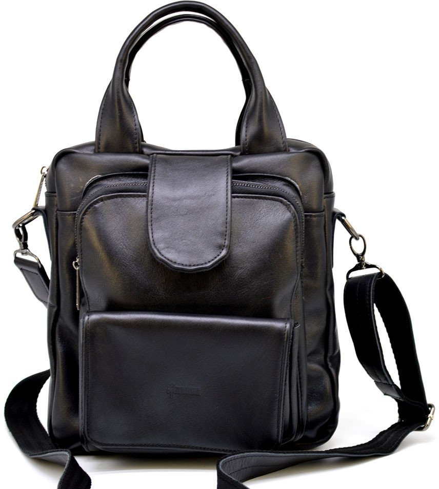 Кожаная мужская сумка-трансформер черного цвета с ручками и плечевым ремнем TARWA (19680)