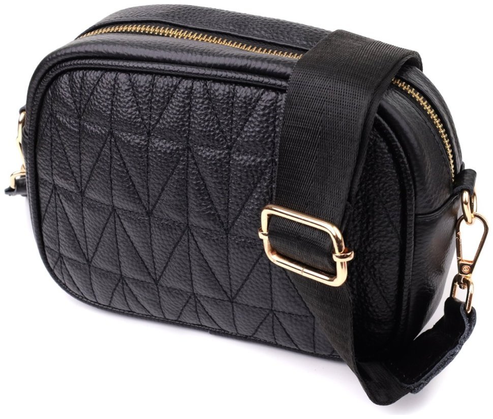 Стьобана жіноча сумка зі шкіри флотар через плече Vintage 103151 чорного кольору modnotak фото №1