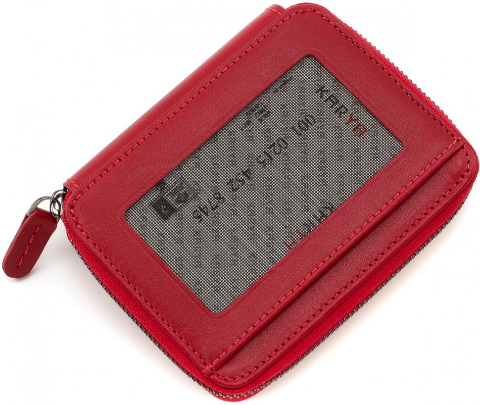 Кожаный женский кошелек-картхолдер красного цвета с секциями под карточки KARYA (19830)
